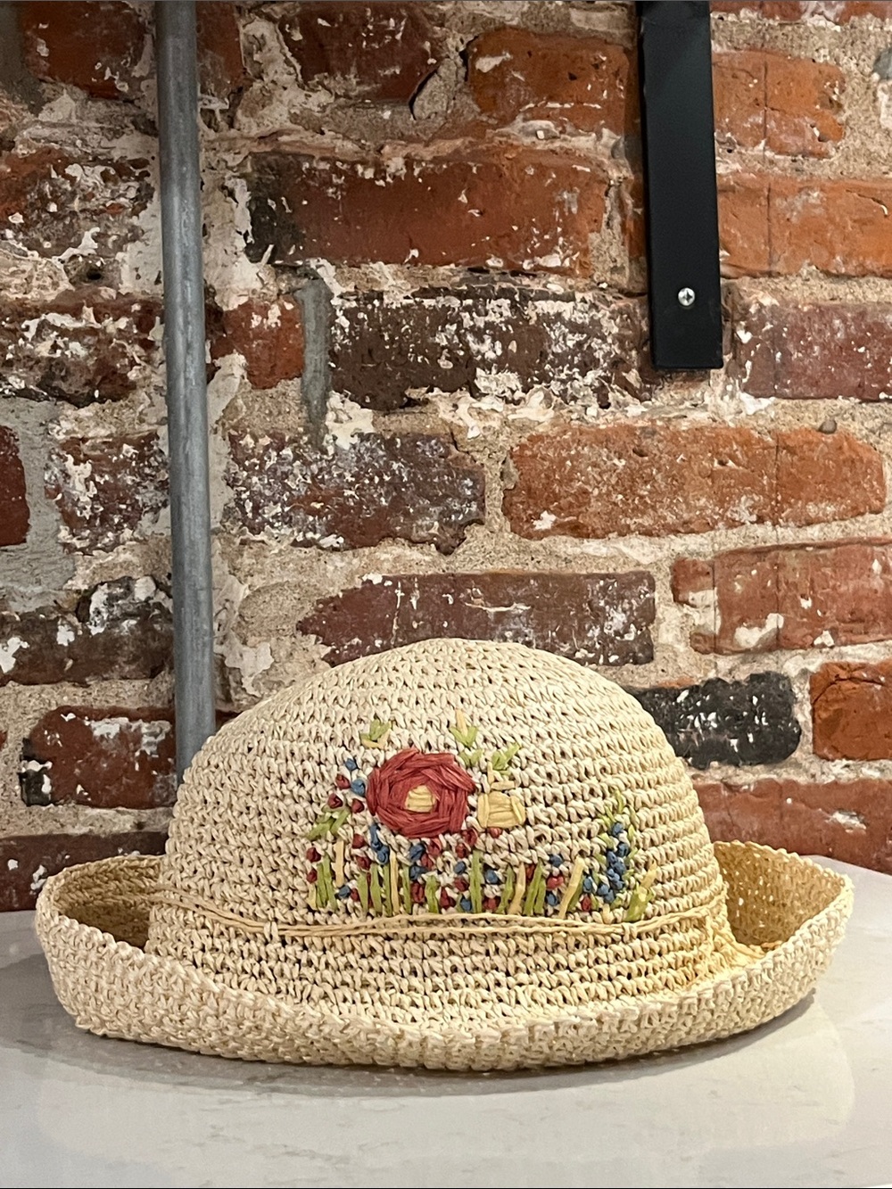 Cream Straw Sun Hat with Embroidered Floral Detail